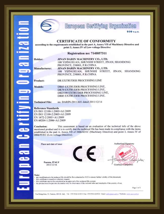 CE Certificate of Extruder