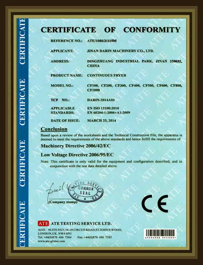 CE Certificate of Continuous Fryer